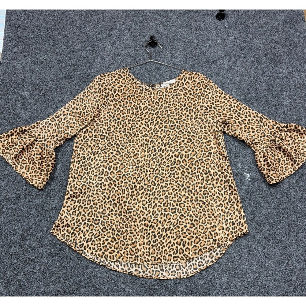 Ces Femme Blouse Women L Brown Leopard Bell Sleeve Tiered Boho Animal Print Top